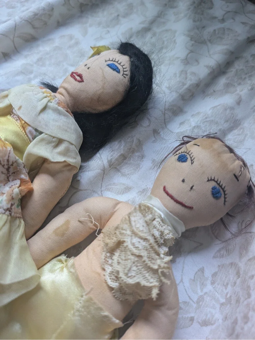 Vintage Handmade Cloth Dolls Pair with Fabric Clothing